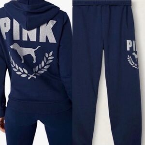 PINK 2-piece full-zip hoodie classic sweats in classic navy with silver sparkle